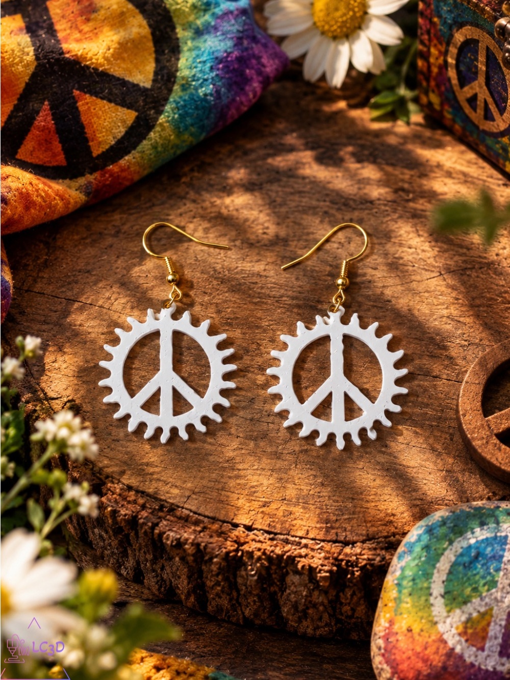 White Peace Gear Drop Earrings - Unbranded